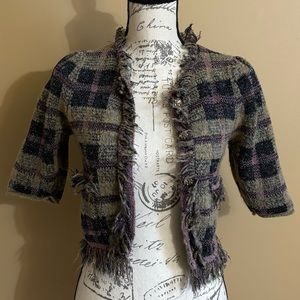 Zara Frayed Tweed Plaid Gold Pearl Button Jacket